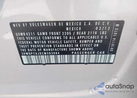 2012 Volkswagen Jetta 2.5L Se из США, поврежденный, VIN 3VWDP7AJXCM383084